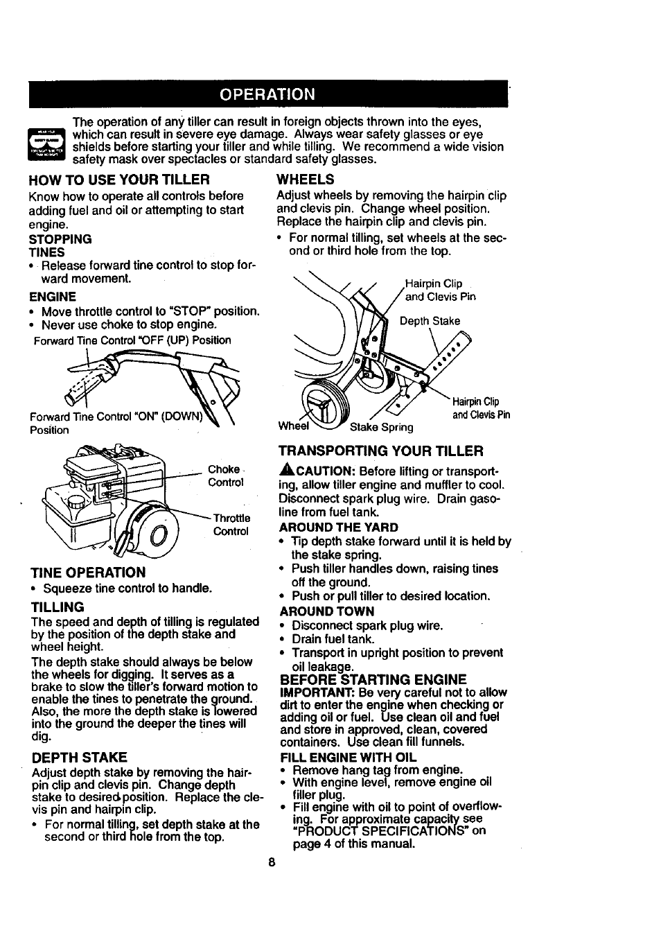 How to use your tiller, Stopping, Tines | Engine, Tine operation, Tilling, Depth stake, Wheels, Transporting your tiller, Around the yard | Craftsman 917.292390 User Manual | Page 8 / 18