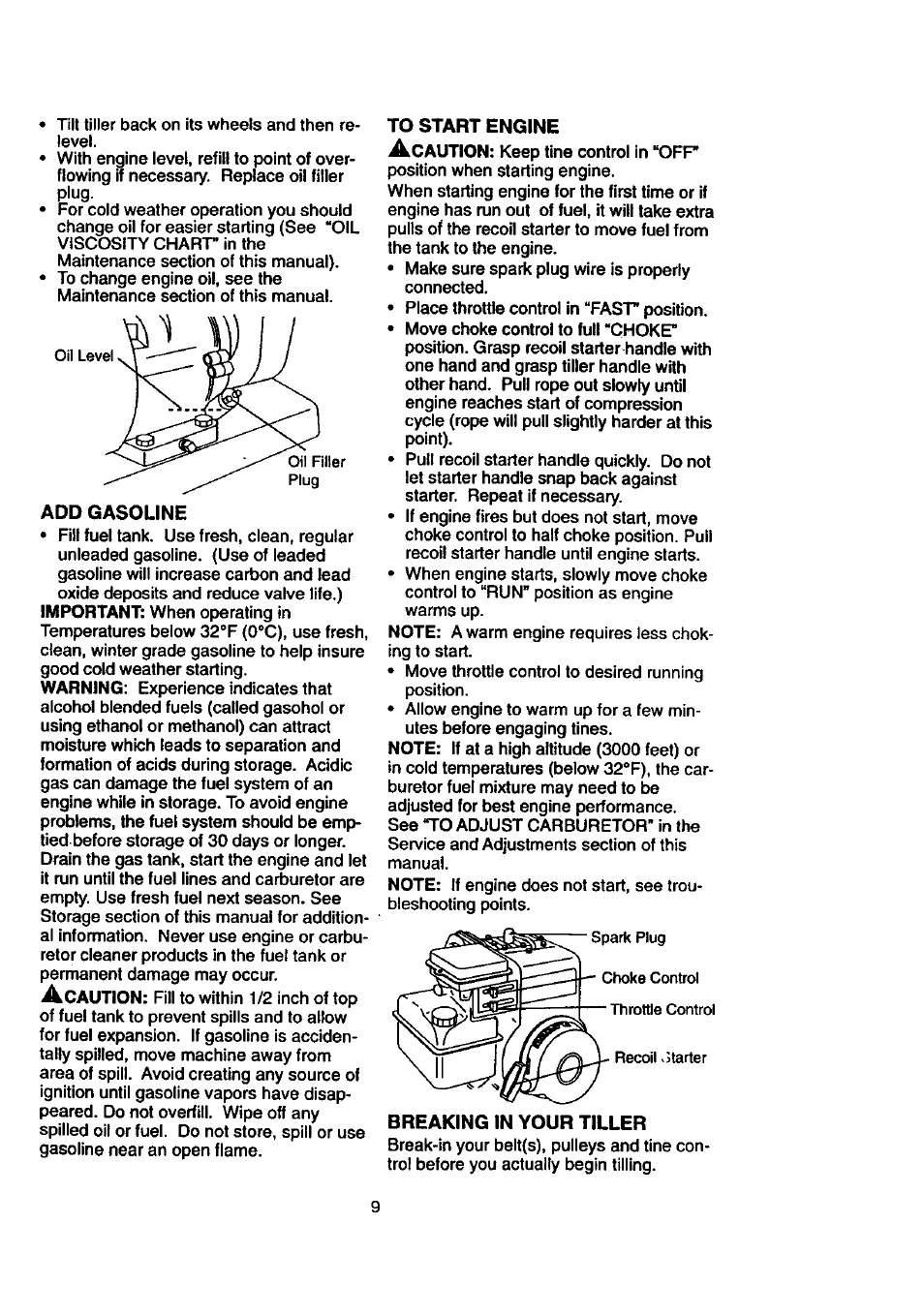 To start engine, Breaking in your tiller | Craftsman 917.292390 User Manual | Page 9 / 18