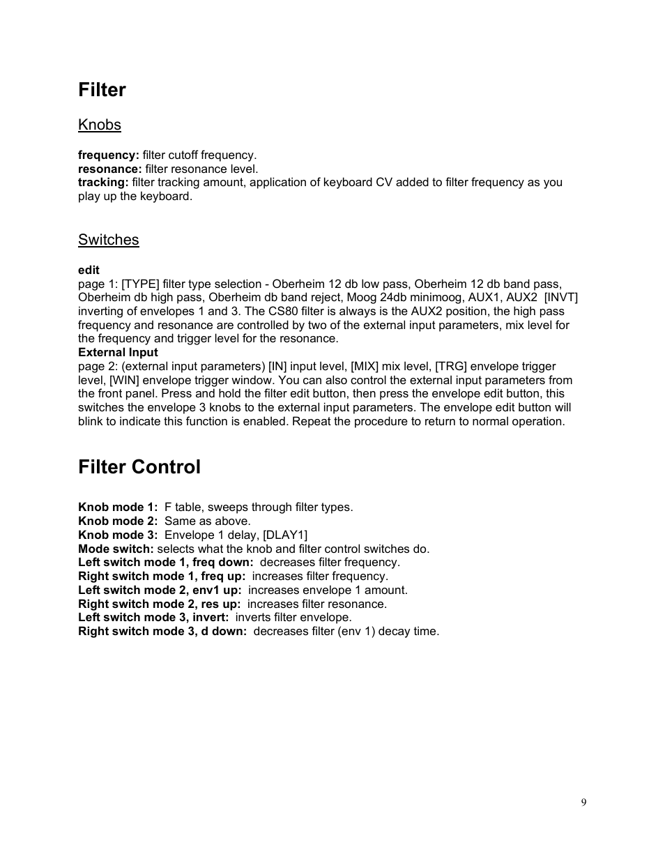 Filter, Filter control | Studio Electronics C.O.D.E. User Manual | Page 10 / 13