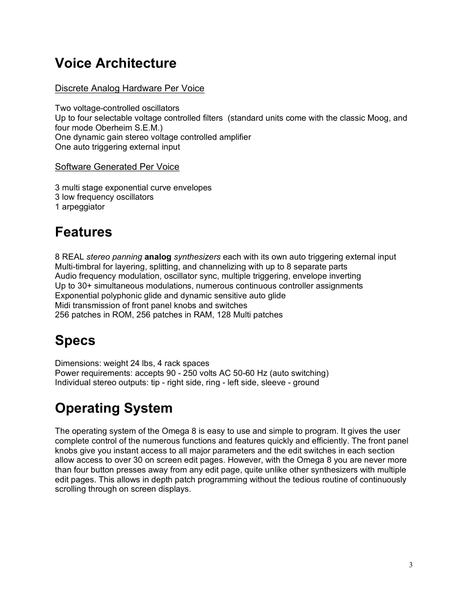 Voice architecture, Features and specs, Features | Specs, Operating system | Studio Electronics C.O.D.E. User Manual | Page 4 / 13