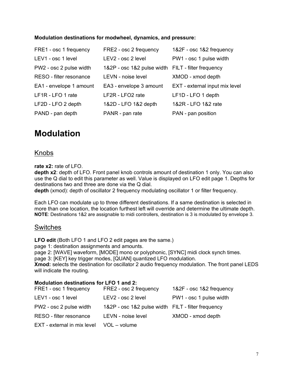 Modulation, Knobs, Switches | Studio Electronics C.O.D.E. User Manual | Page 8 / 13