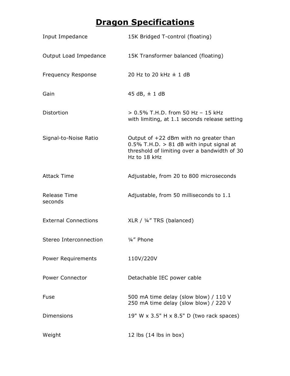 Dragon specifications | Studio Electronics Dragon User Manual | Page 11 / 14