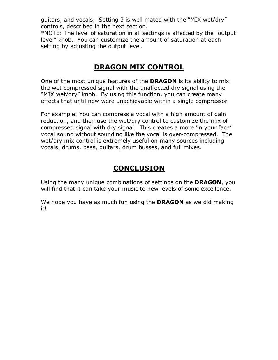 Dragon mix control, Conclusion | Studio Electronics Dragon User Manual | Page 5 / 14