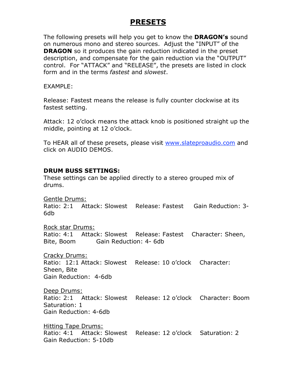 Presets | Studio Electronics Dragon User Manual | Page 6 / 14