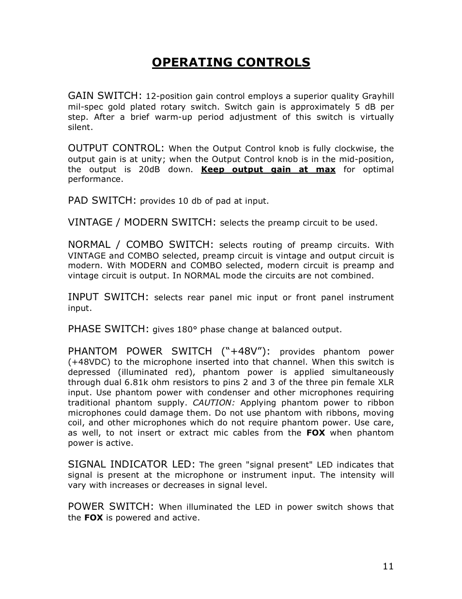 Operating controls | Studio Electronics Fox User Manual | Page 11 / 13