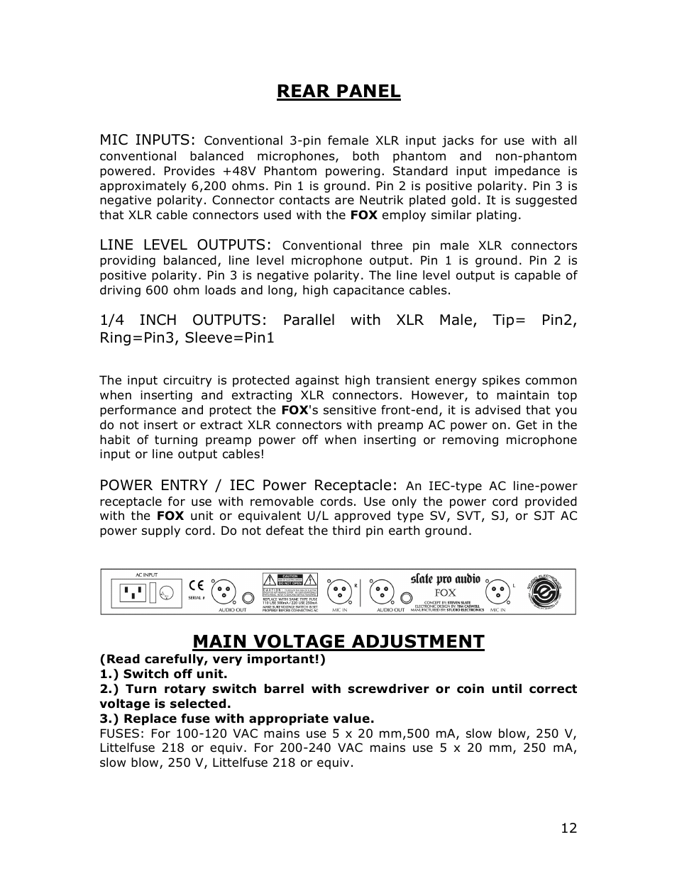 Rear panel, Main voltage adjustment | Studio Electronics Fox User Manual | Page 12 / 13
