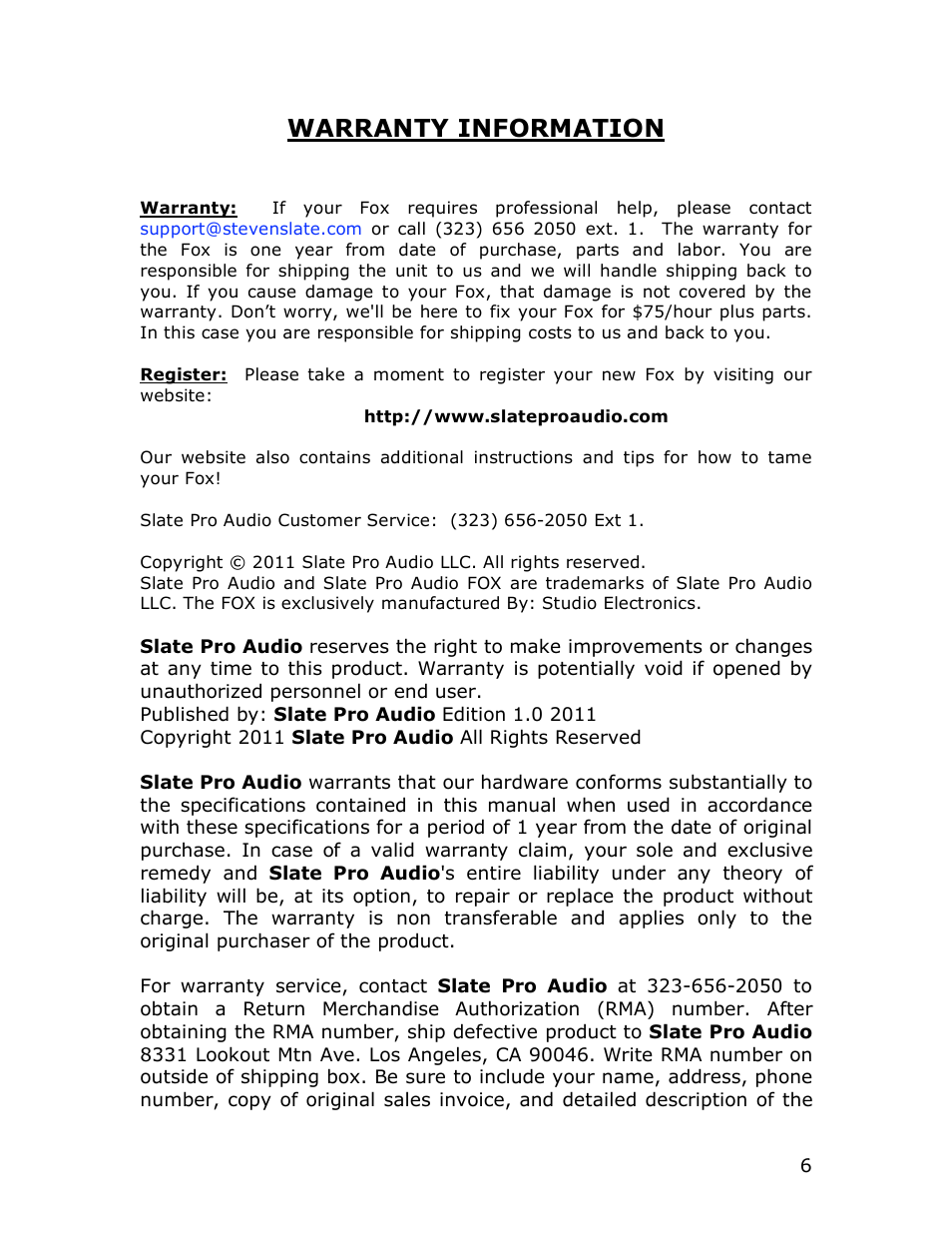 Warranty information | Studio Electronics Fox User Manual | Page 6 / 13