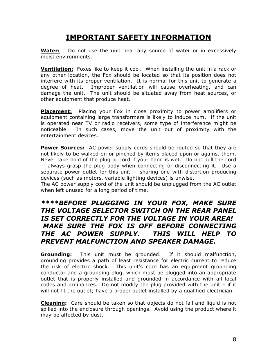 Important safety information | Studio Electronics Fox User Manual | Page 8 / 13