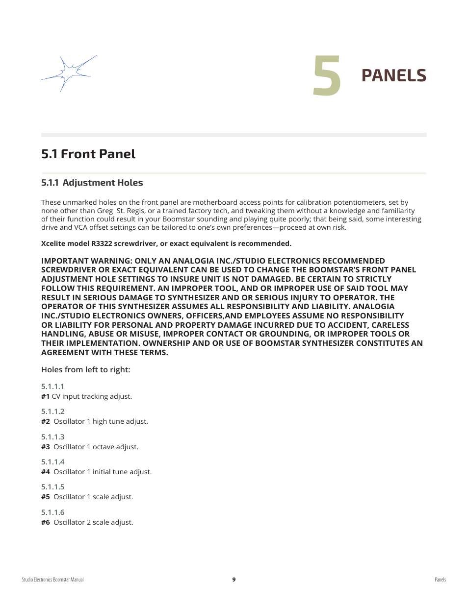Panels, 1 front panel | Studio Electronics Boomstar User Manual | Page 13 / 35