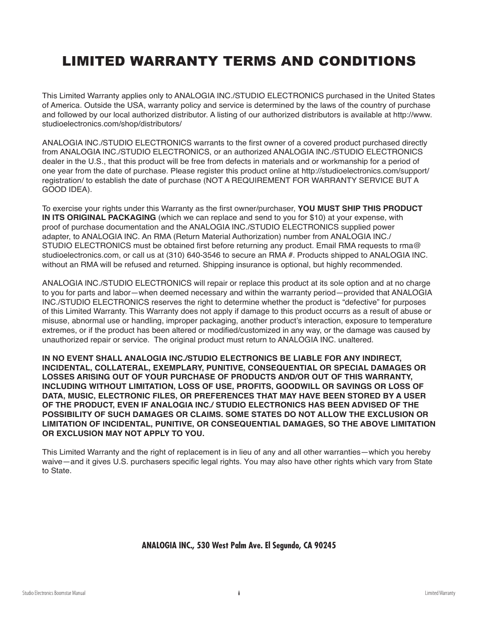 Limited warranty terms and conditions | Studio Electronics Boomstar User Manual | Page 2 / 35