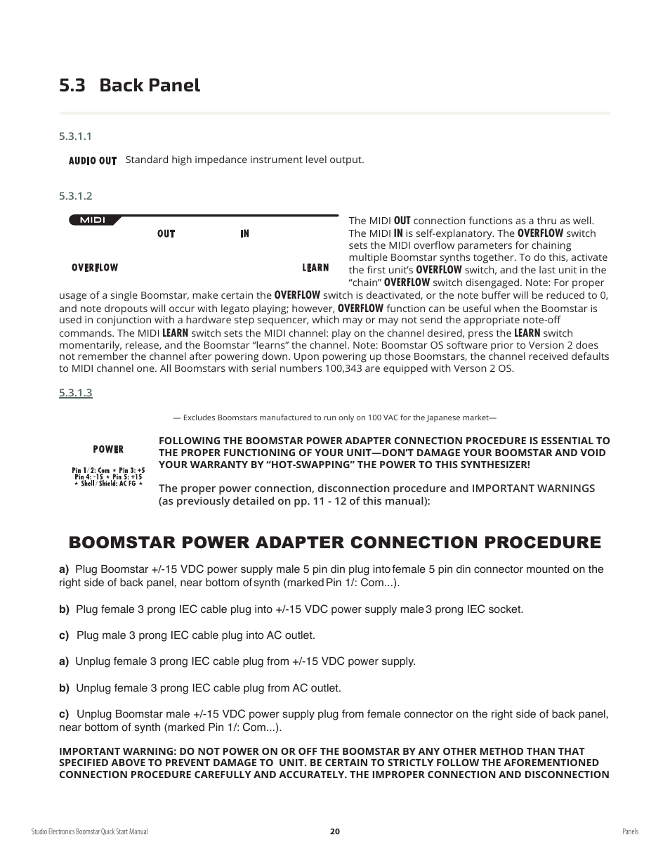 3 back panel, Boomstar power adapter connection procedure | Studio Electronics Boomstar User Manual | Page 24 / 35