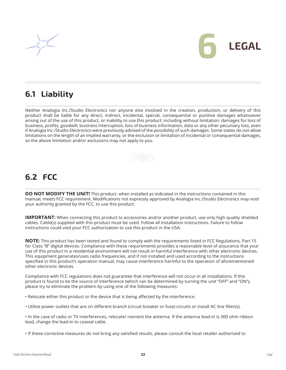 Legal, 1 liability, 2 fcc | Studio Electronics Boomstar User Manual | Page 26 / 35
