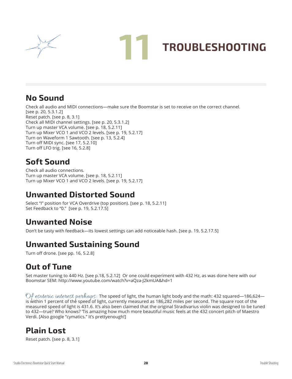 Troubleshooting, No sound, Soft sound | Unwanted distorted sound, Unwanted noise, Unwanted sustaining sound, Out of tune, Plain lost, Of esoteric interest perhaps | Studio Electronics Boomstar User Manual | Page 32 / 35