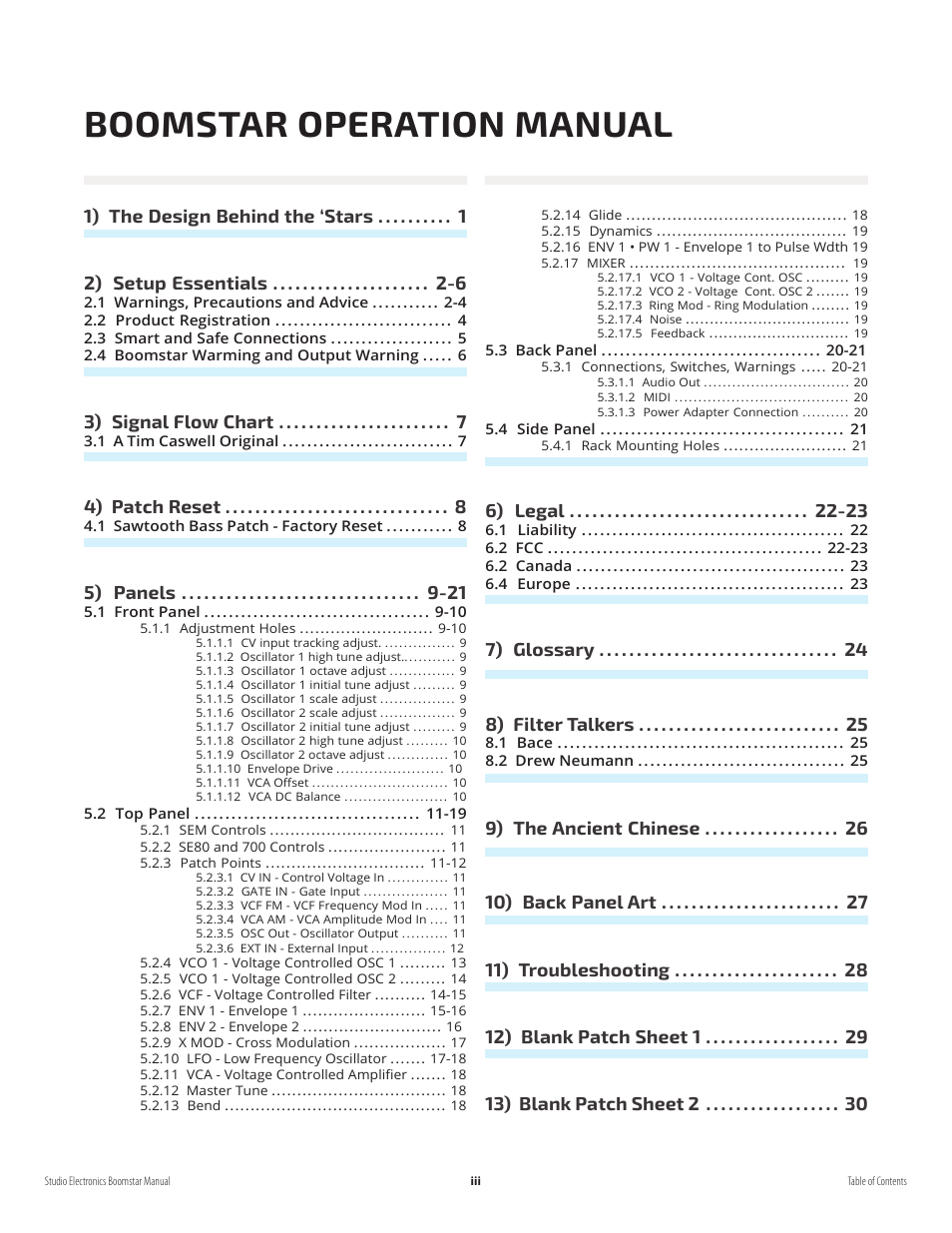 Boomstar operation manual, 3) signal flow chart, 4) patch reset | 5) panels -21, 6) legal -23, 7) glossary 8) filter talkers | Studio Electronics Boomstar User Manual | Page 4 / 35