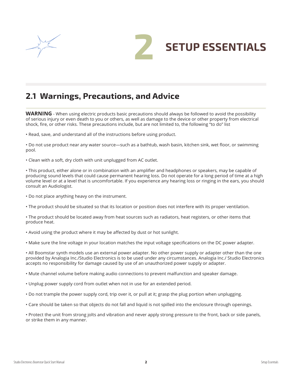 Setup essentials, 1 warnings, precautions, and advice | Studio Electronics Boomstar User Manual | Page 6 / 35