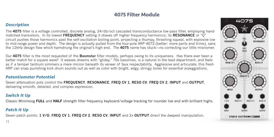 4075 filter module, Description, Potentiometer potential | Switch it up, Patch it up | Studio Electronics Boomstar Modular User Manual | Page 13 / 25