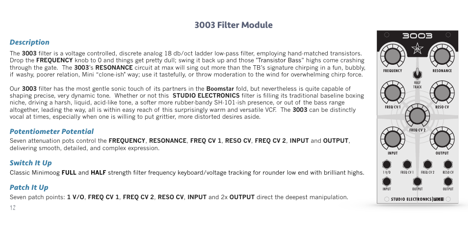 3003 filter module, Description, Potentiometer potential | Switch it up, Patch it up | Studio Electronics Boomstar Modular User Manual | Page 15 / 25