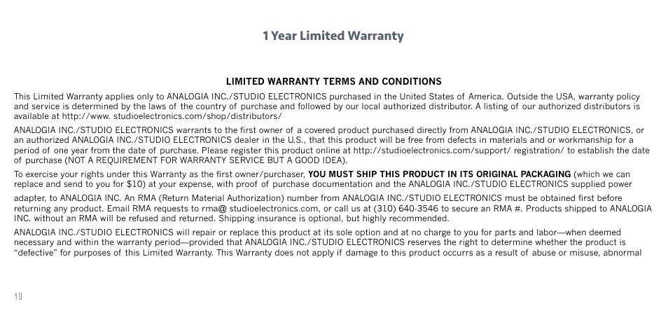 1 year limited warranty | Studio Electronics Boomstar Modular User Manual | Page 22 / 25