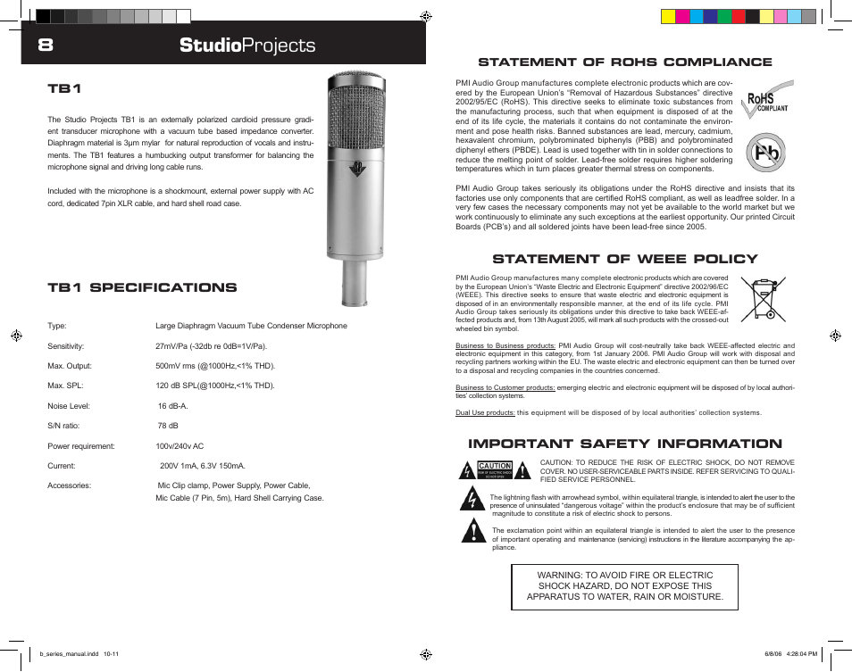 Studio projects, Statement of weee policy, Important safety information | Tb1 specifications | Studio Projects TB1 User Manual | Page 5 / 8