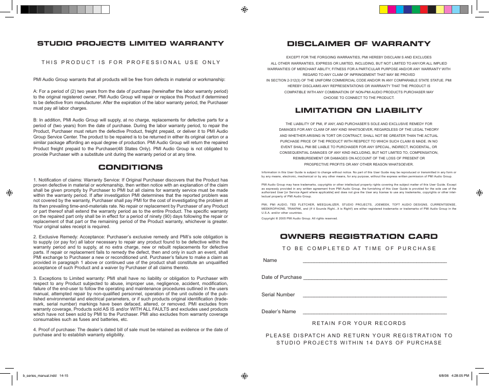 Disclaimer of warranty, Limitation on liability, Owners registration card | Conditions, Studio projects limited warranty | Studio Projects TB1 User Manual | Page 7 / 8
