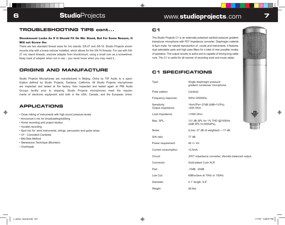 Studio projects, Troubleshooting tips cont, Origins and manufacture | Applications, C1 specifications | Studio Projects LSD 2 User Manual | Page 4 / 10
