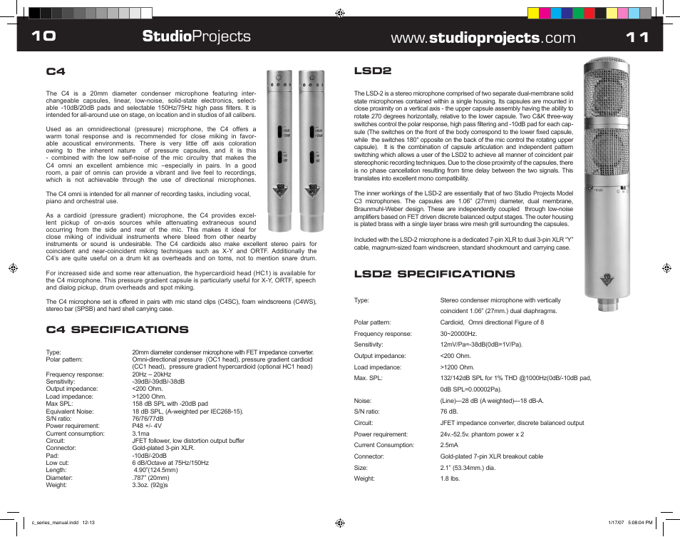 Studio projects, C4 specifications, Lsd2 | Lsd2 specifications | Studio Projects LSD 2 User Manual | Page 6 / 10