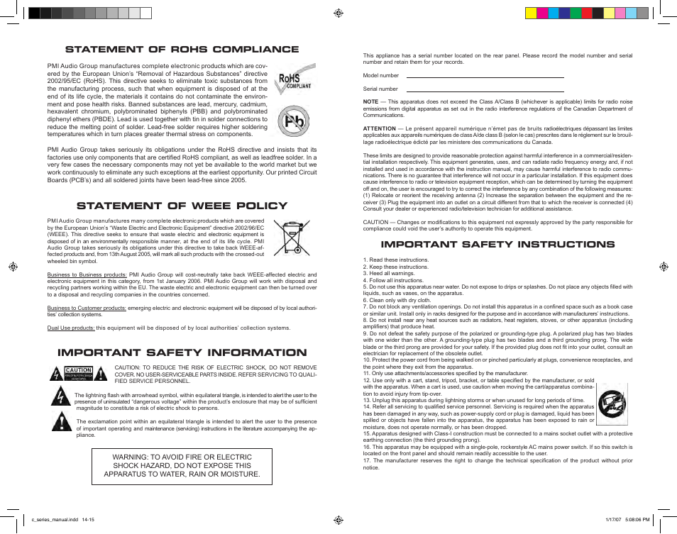 Statement of weee policy, Important safety information, Statement of rohs compliance | Important safety instructions | Studio Projects LSD 2 User Manual | Page 7 / 10