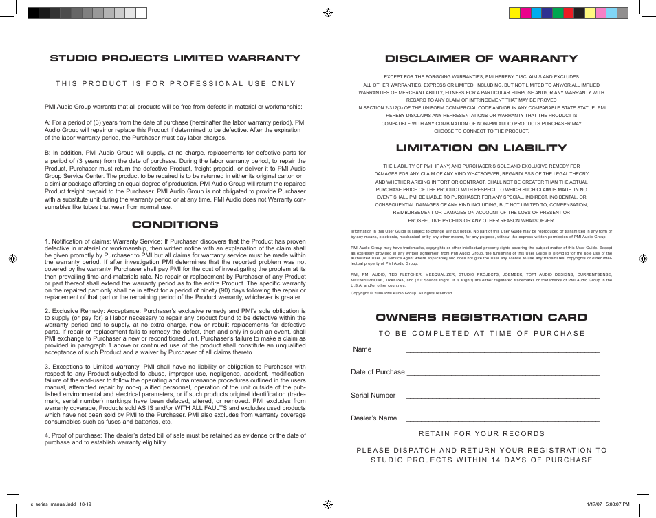 Conditions, Disclaimer of warranty, Limitation on liability | Owners registration card, Studio projects limited warranty | Studio Projects LSD 2 User Manual | Page 9 / 10