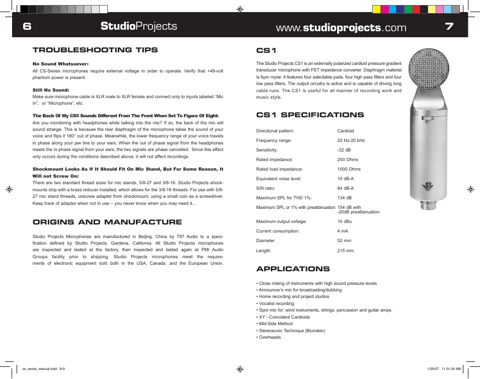 Studio projects, Troubleshooting tips, Origins and manufacture | Cs1 specifications, Applications | Studio Projects CS5 User Manual | Page 4 / 8