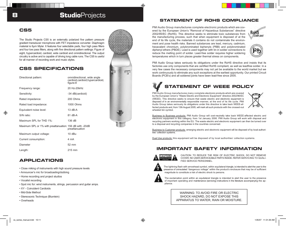 Studio projects, Cs5 specifications, Applications | Statement of weee policy, Important safety information, Statement of rohs compliance | Studio Projects CS5 User Manual | Page 5 / 8