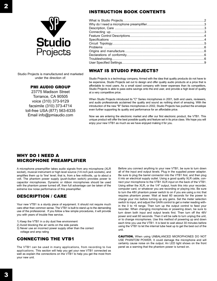 Studio Projects VTB1 Manual User Manual | Page 2 / 6