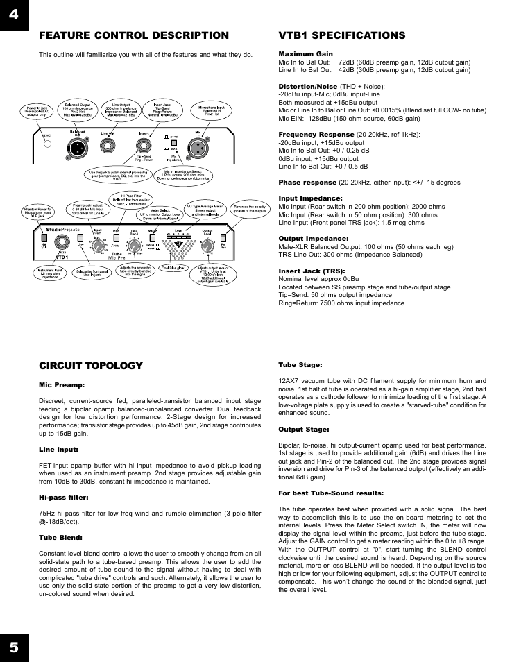 Circuit topology, Feature control description, Vtb1 specifications | Studio Projects VTB1 Manual User Manual | Page 3 / 6