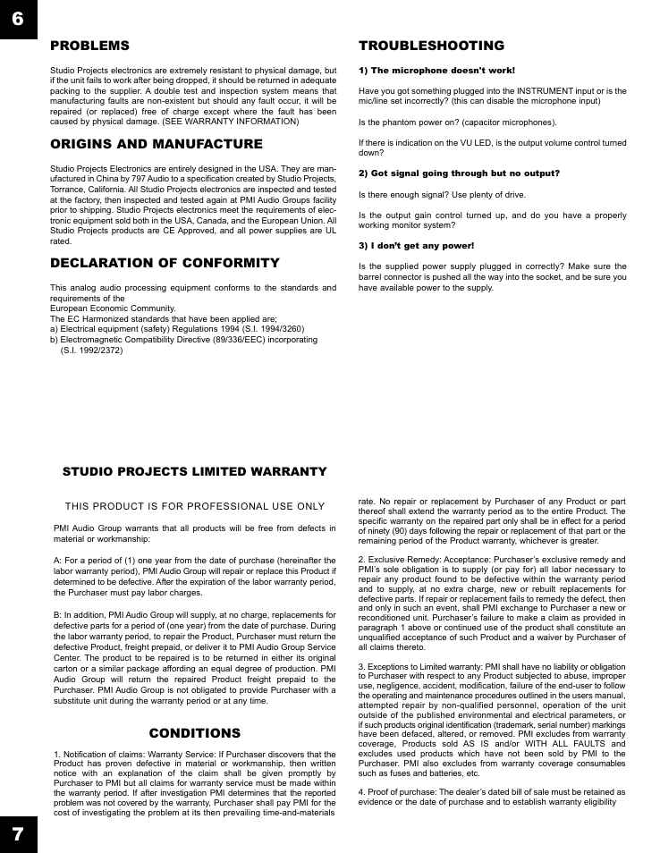 Problems, Origins and manufacture, Declaration of conformity | Troubleshooting, Conditions | Studio Projects VTB1 Manual User Manual | Page 4 / 6