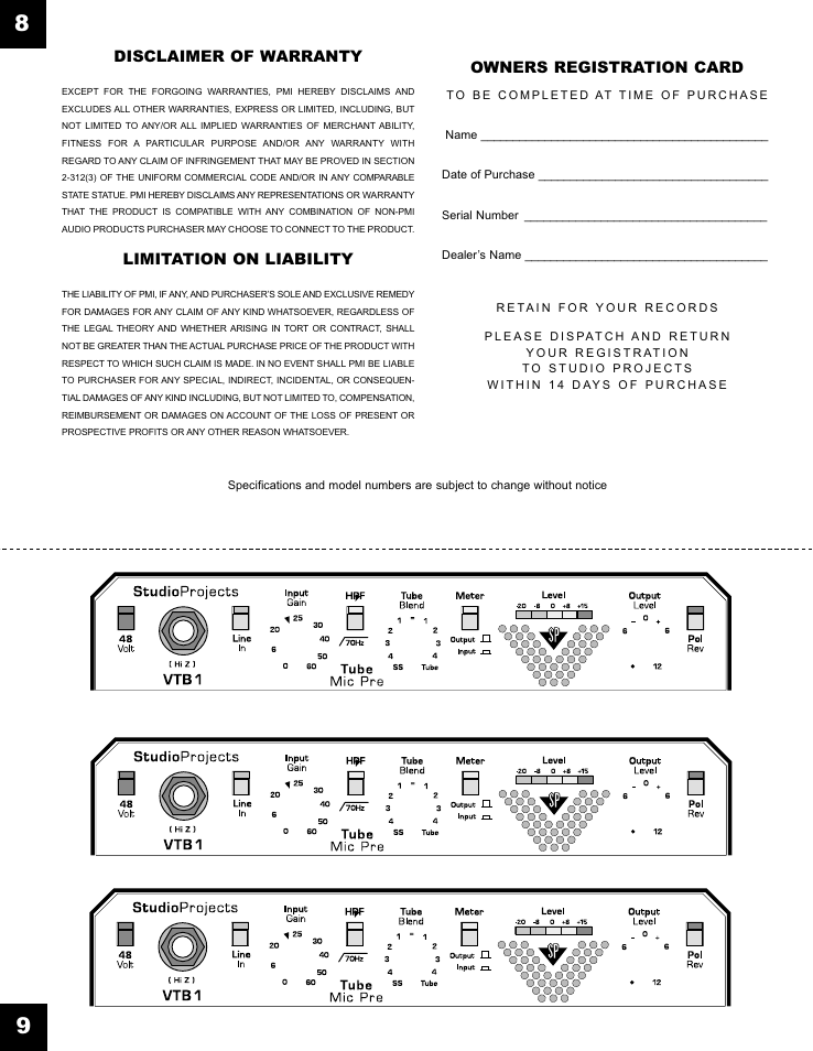 Disclaimer of warranty, Limitation on liability, Owners registration card | Studio Projects VTB1 Manual User Manual | Page 5 / 6