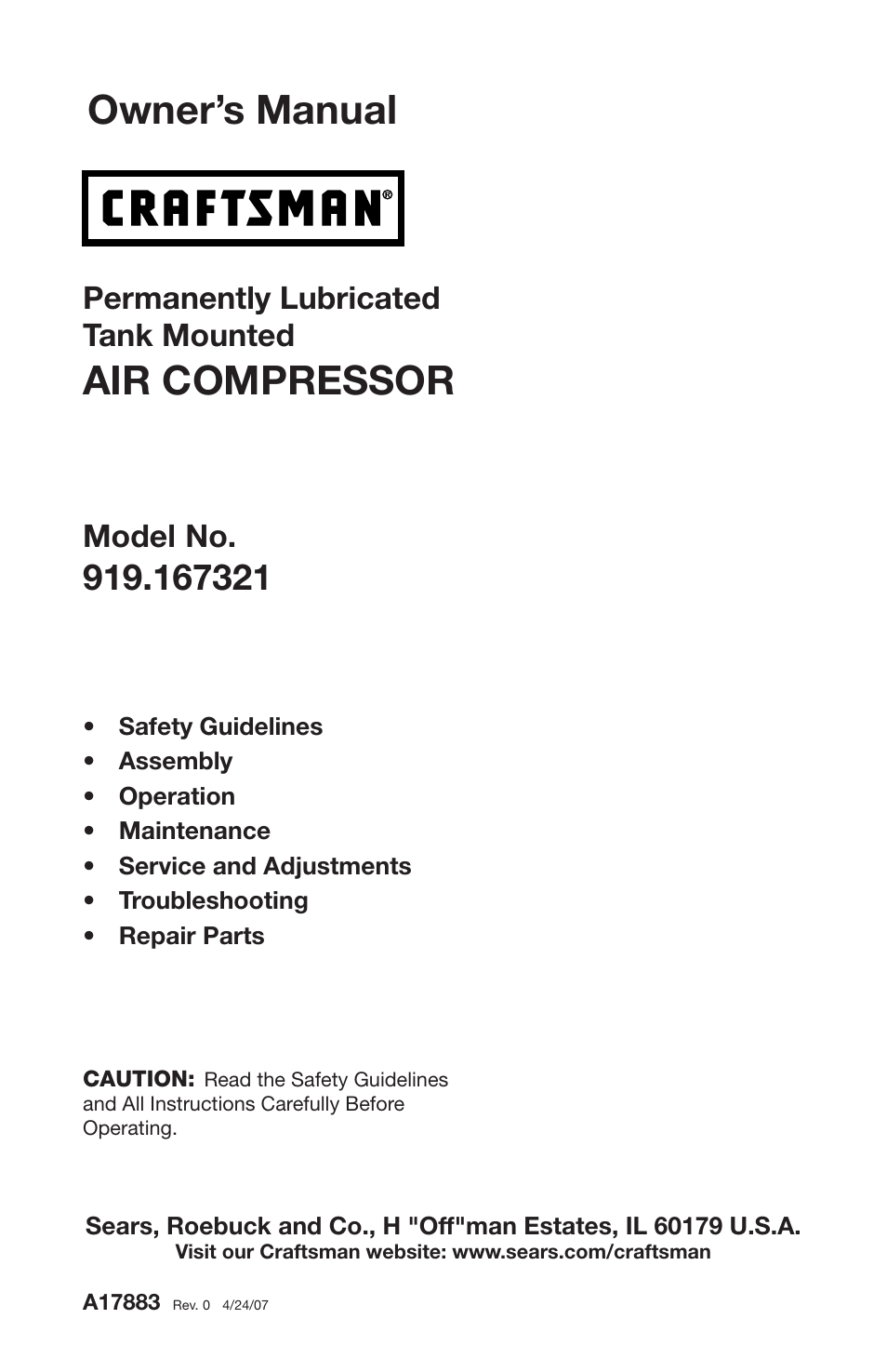 Craftsman PERMANENTLY LUBRICATED TANK MOUNTED AIR COMPRESSOR 919.167321 User Manual | 44 pages