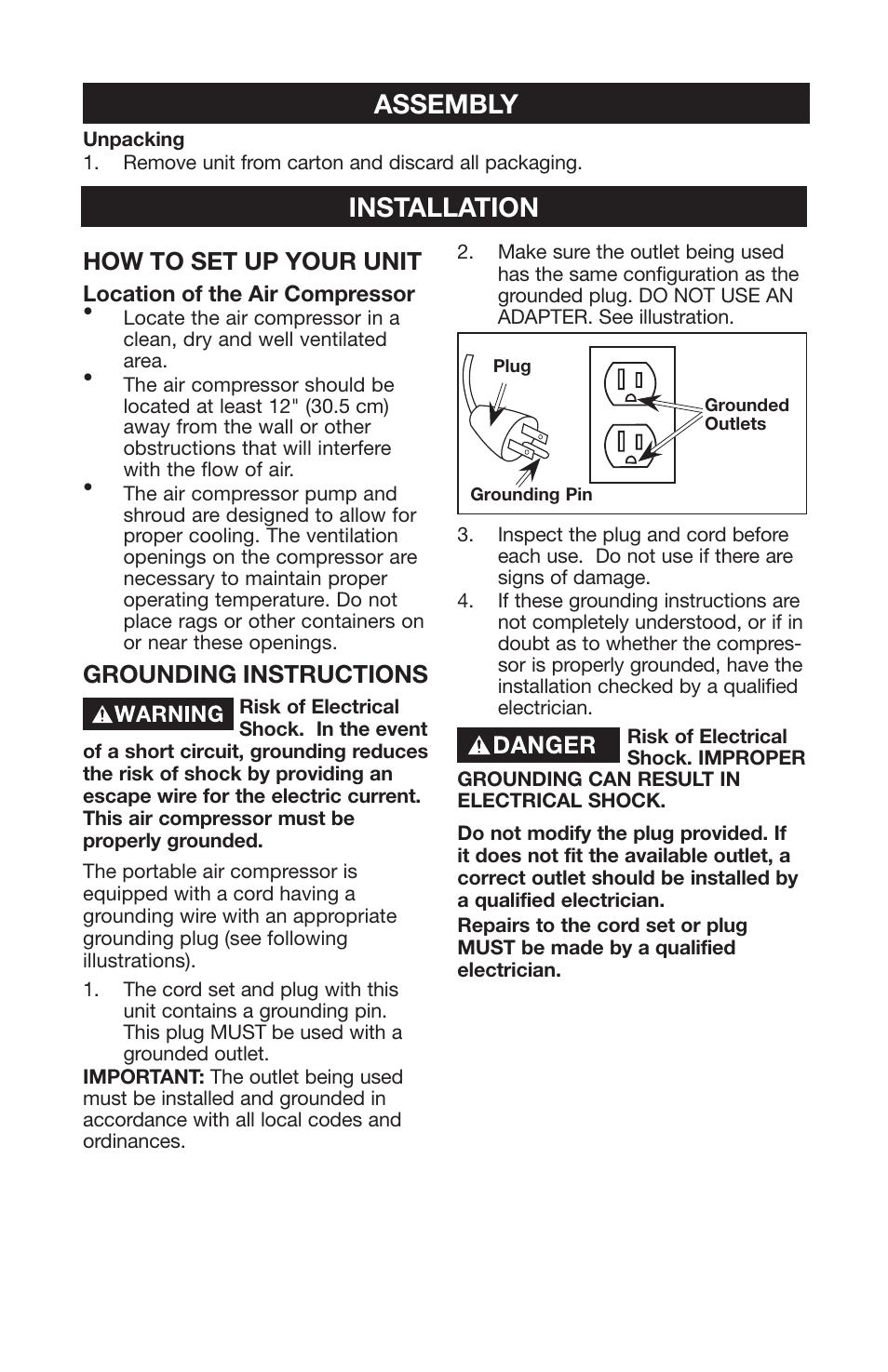 Assembly, Installation, How to set up your unit | Grounding instructions | Craftsman PERMANENTLY LUBRICATED TANK MOUNTED AIR COMPRESSOR 919.167321 User Manual | Page 10 / 44