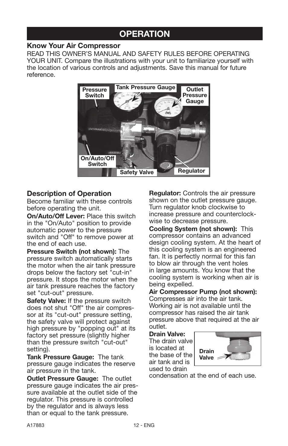 Operation, Description of operation, Know your air compressor | Craftsman PERMANENTLY LUBRICATED TANK MOUNTED AIR COMPRESSOR 919.167321 User Manual | Page 12 / 44