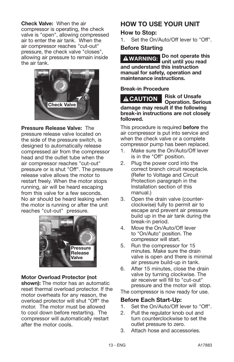 How to use your unit | Craftsman PERMANENTLY LUBRICATED TANK MOUNTED AIR COMPRESSOR 919.167321 User Manual | Page 13 / 44