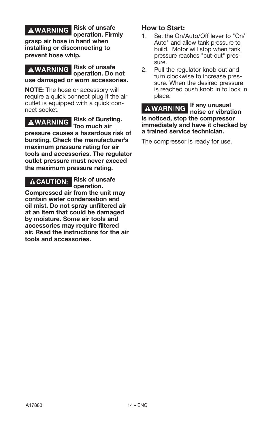 Craftsman PERMANENTLY LUBRICATED TANK MOUNTED AIR COMPRESSOR 919.167321 User Manual | Page 14 / 44