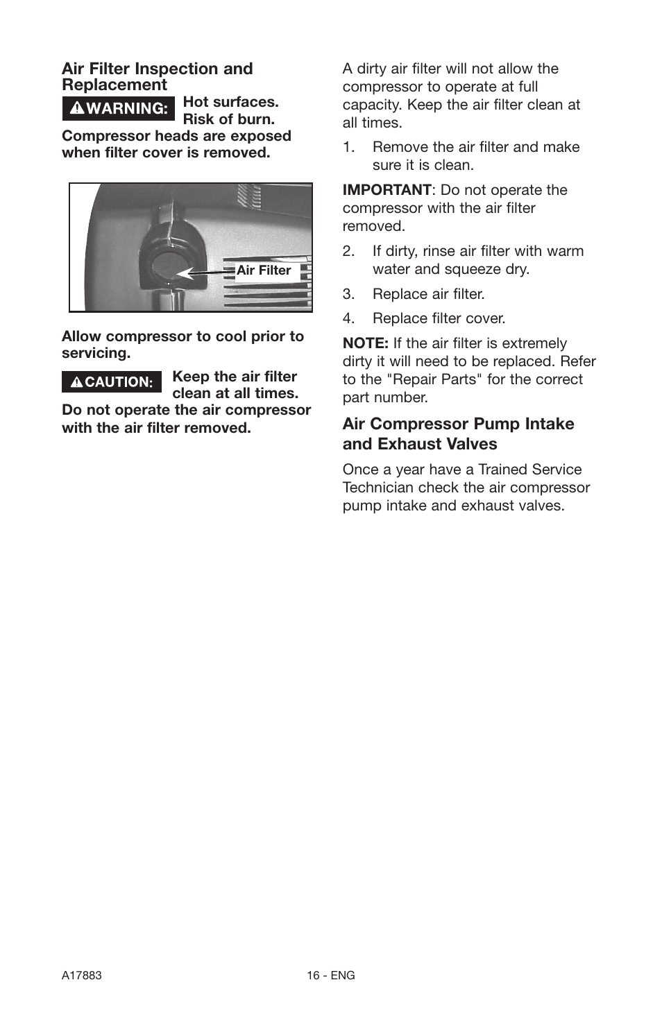 Craftsman PERMANENTLY LUBRICATED TANK MOUNTED AIR COMPRESSOR 919.167321 User Manual | Page 16 / 44