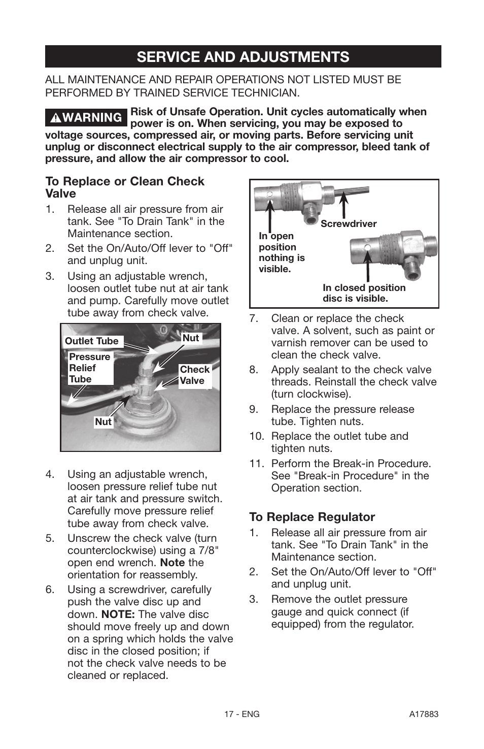Service and adjustments | Craftsman PERMANENTLY LUBRICATED TANK MOUNTED AIR COMPRESSOR 919.167321 User Manual | Page 17 / 44