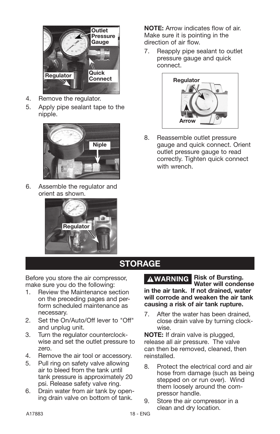 Storage | Craftsman PERMANENTLY LUBRICATED TANK MOUNTED AIR COMPRESSOR 919.167321 User Manual | Page 18 / 44