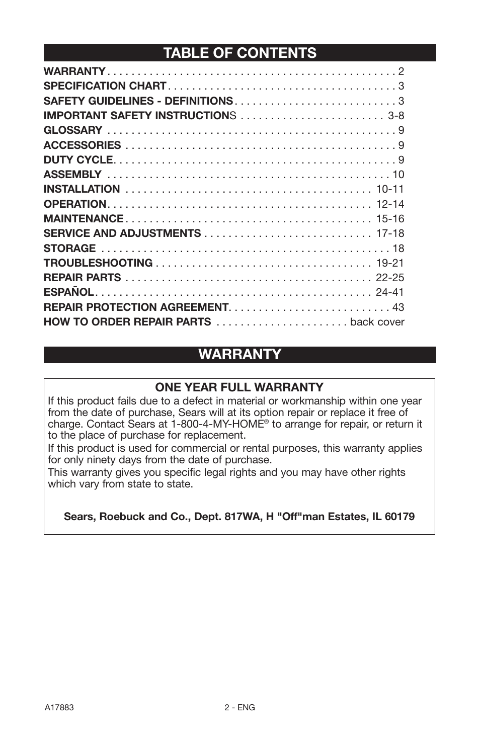 Table of contents warranty | Craftsman PERMANENTLY LUBRICATED TANK MOUNTED AIR COMPRESSOR 919.167321 User Manual | Page 2 / 44