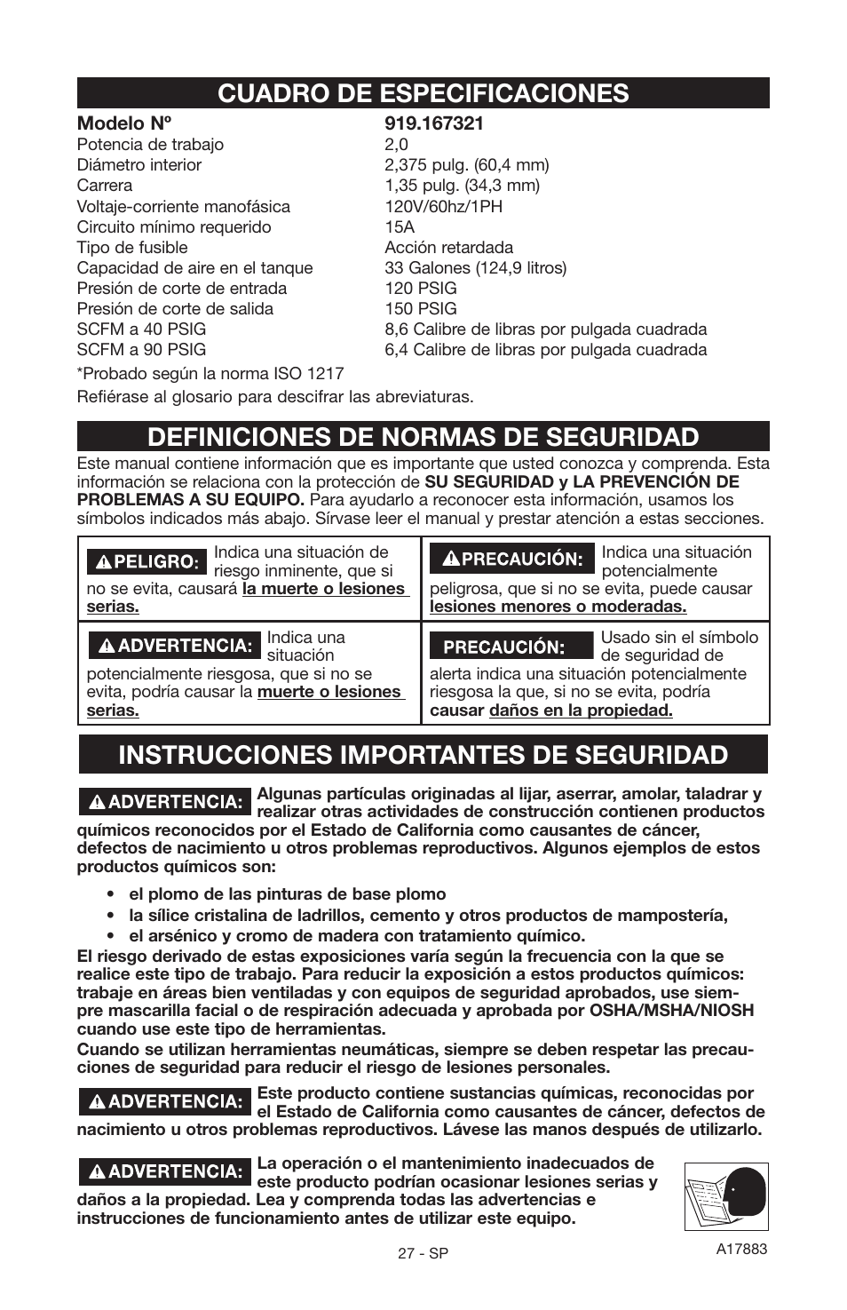 Cuadro de especificaciones, Definiciones de normas de seguridad, Instrucciones importantes de seguridad | Craftsman PERMANENTLY LUBRICATED TANK MOUNTED AIR COMPRESSOR 919.167321 User Manual | Page 23 / 44