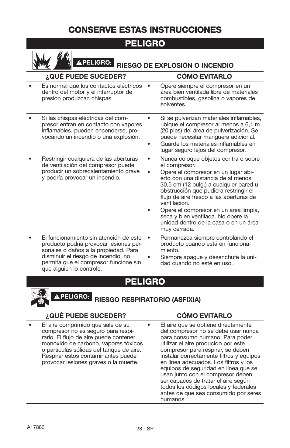 Conserve estas instrucciones peligro, Peligro | Craftsman PERMANENTLY LUBRICATED TANK MOUNTED AIR COMPRESSOR 919.167321 User Manual | Page 24 / 44