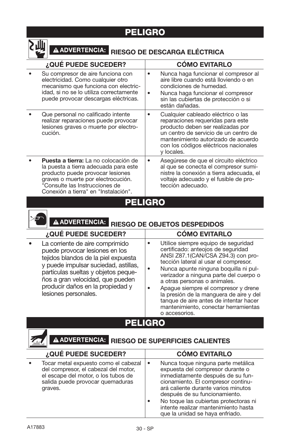 Peligro | Craftsman PERMANENTLY LUBRICATED TANK MOUNTED AIR COMPRESSOR 919.167321 User Manual | Page 26 / 44
