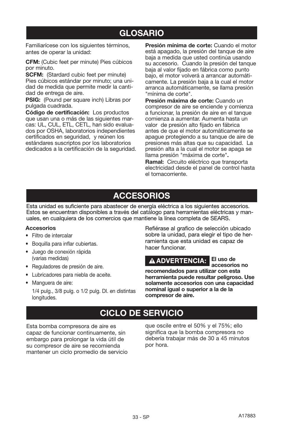 Glosario ciclo de servicio accesorios | Craftsman PERMANENTLY LUBRICATED TANK MOUNTED AIR COMPRESSOR 919.167321 User Manual | Page 29 / 44
