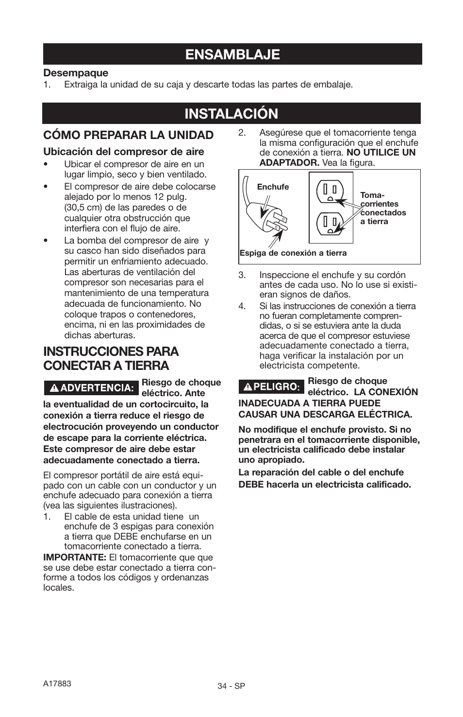 Ensamblaje, Instalación, Instrucciones para conectar a tierra | Cómo preparar la unidad | Craftsman PERMANENTLY LUBRICATED TANK MOUNTED AIR COMPRESSOR 919.167321 User Manual | Page 30 / 44