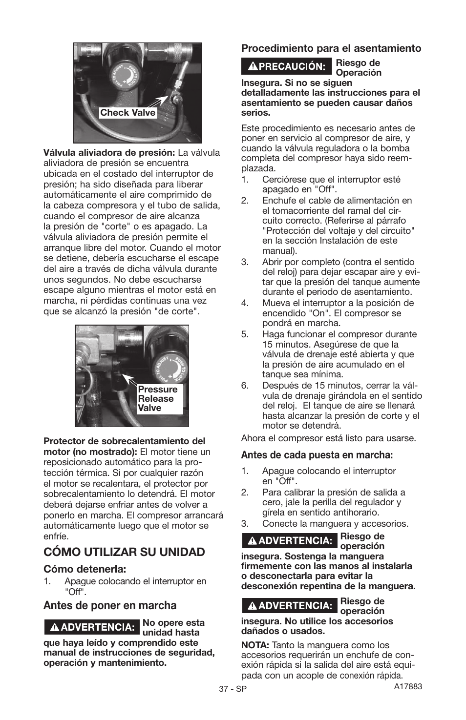 Cómo utilizar su unidad, Antes de poner en marcha | Craftsman PERMANENTLY LUBRICATED TANK MOUNTED AIR COMPRESSOR 919.167321 User Manual | Page 33 / 44