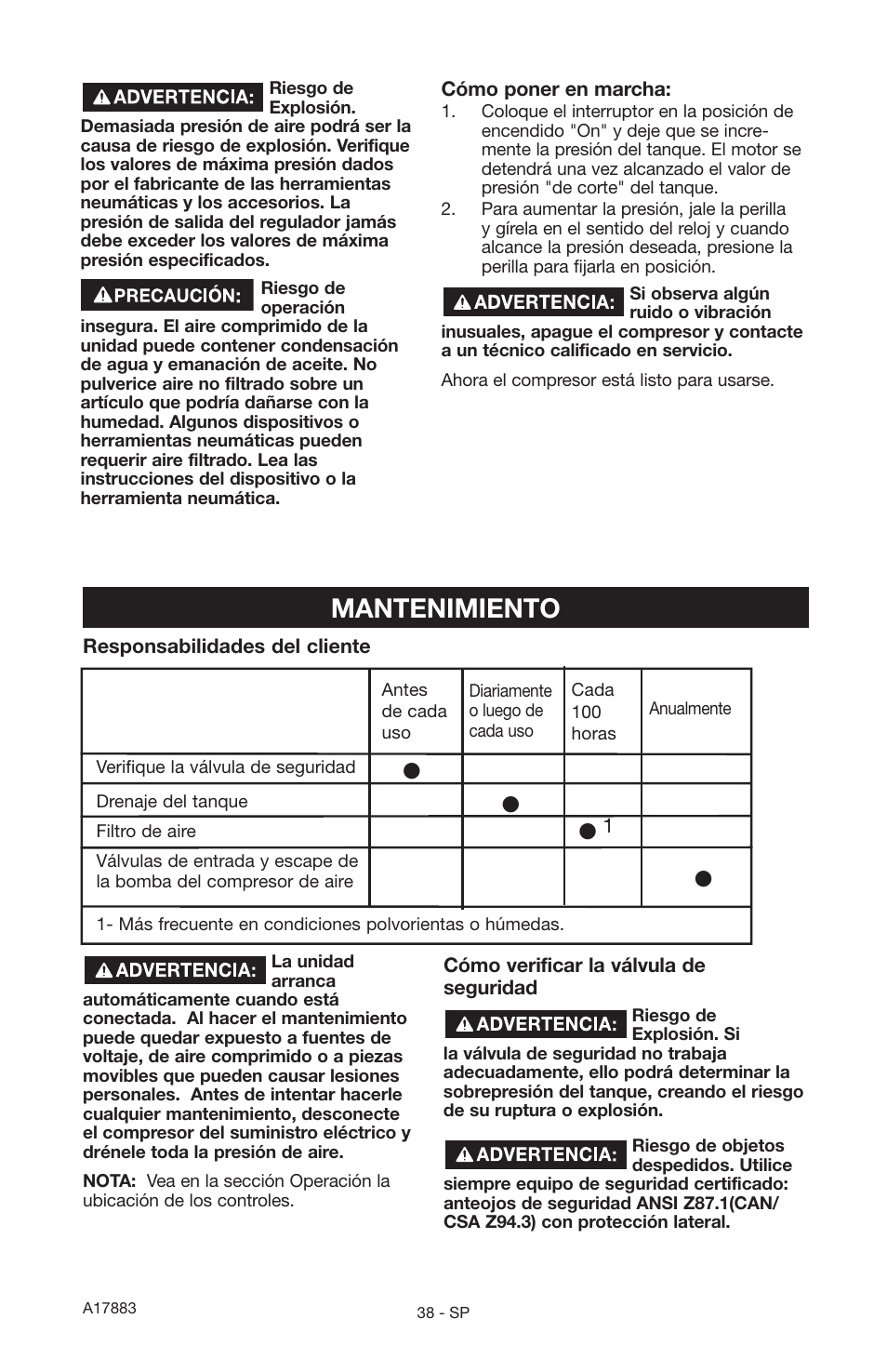 Mantenimiento | Craftsman PERMANENTLY LUBRICATED TANK MOUNTED AIR COMPRESSOR 919.167321 User Manual | Page 34 / 44